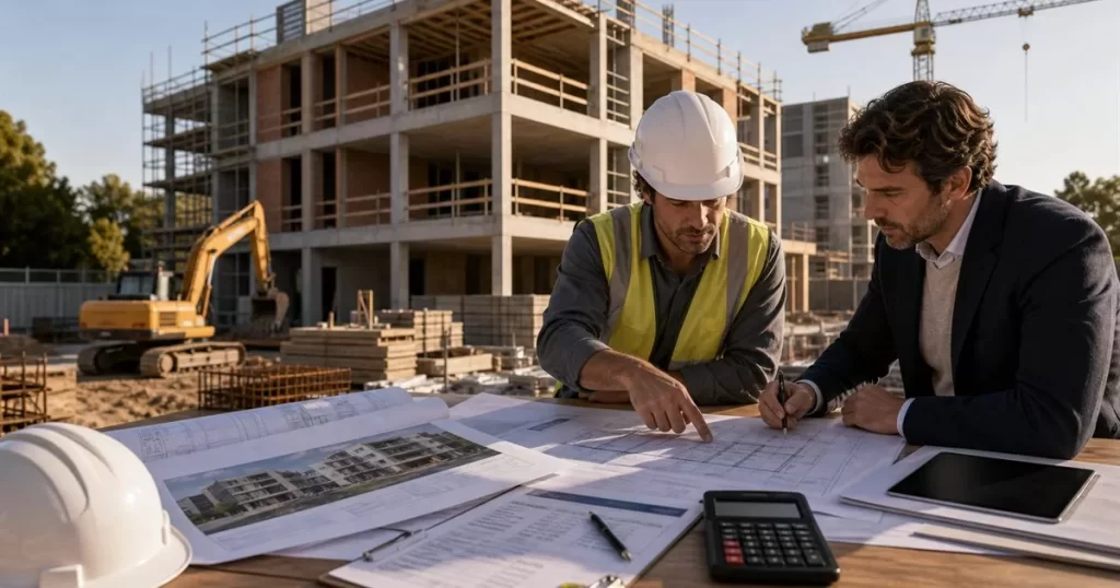 Jefe de obra y arquitecto revisando planos en una obra residencial con estructura y maquinaria
