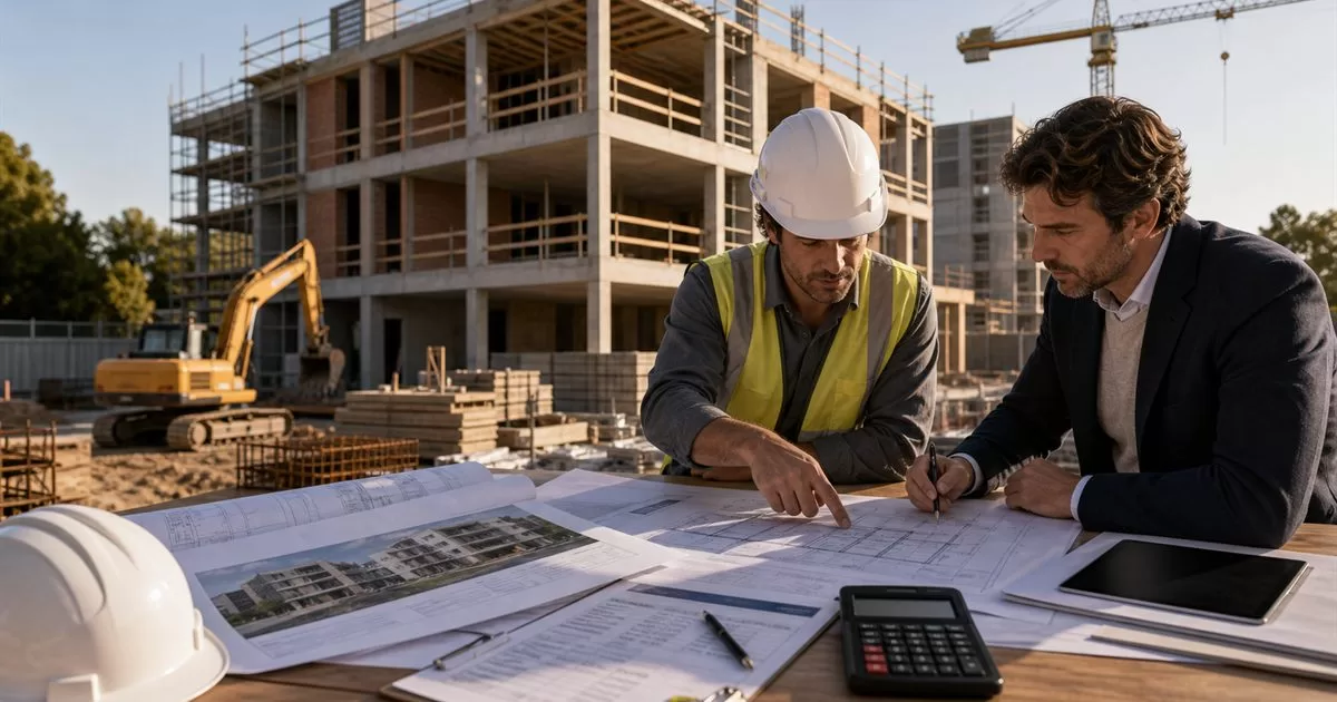 Jefe de obra y arquitecto revisando planos en una obra residencial con estructura y maquinaria