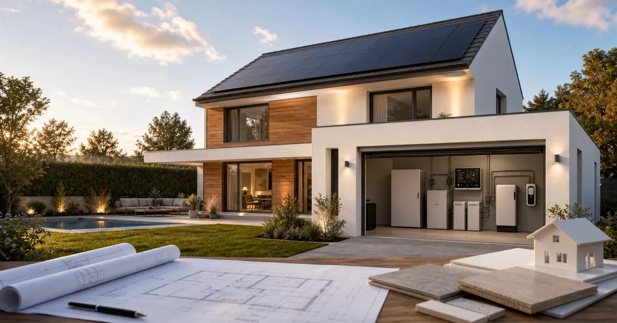 Vivienda nueva con paneles solares bateria domestica monitorizacion energetica y planos de arquitectura sostenible
