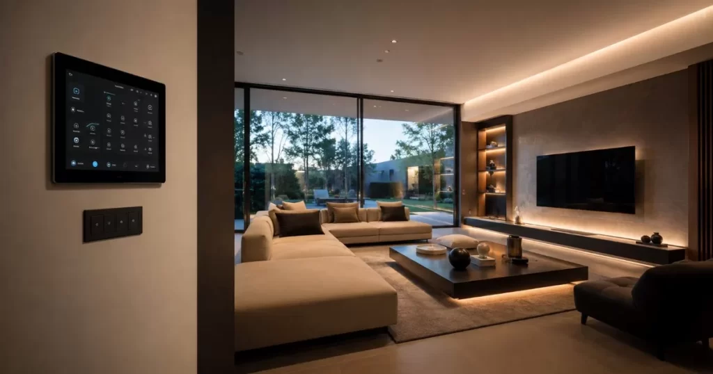 Interior de salon moderno de casa inteligente smart home con panel de control domotica