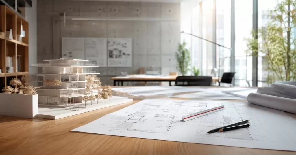 Estudio de arquitectura profesional con planos y maqueta de edificio