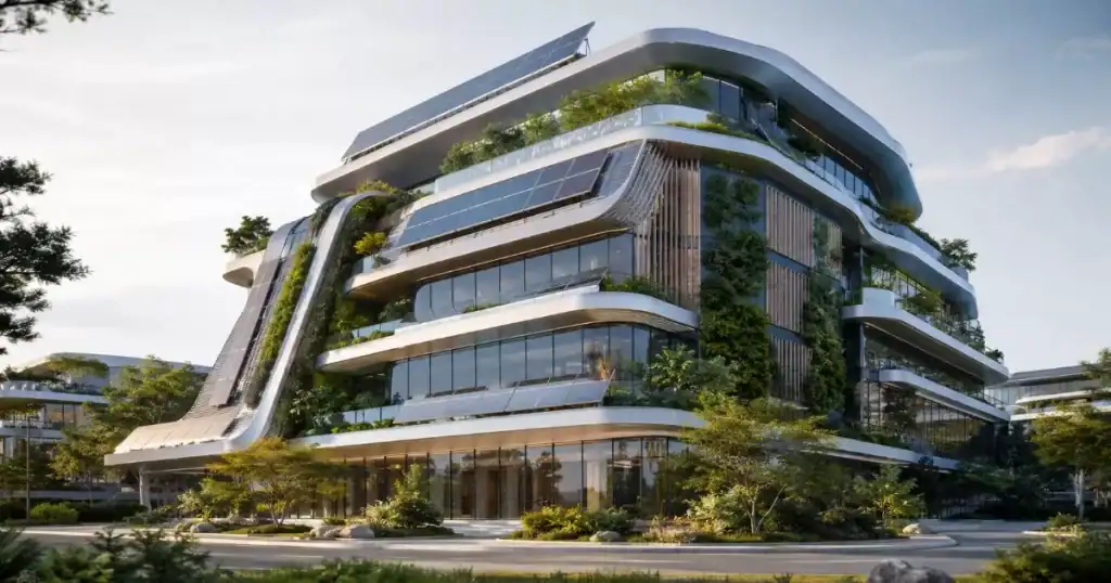 Edificio futurista sostenible 2025 con fachada inteligente paneles solares y vegetacion vertical