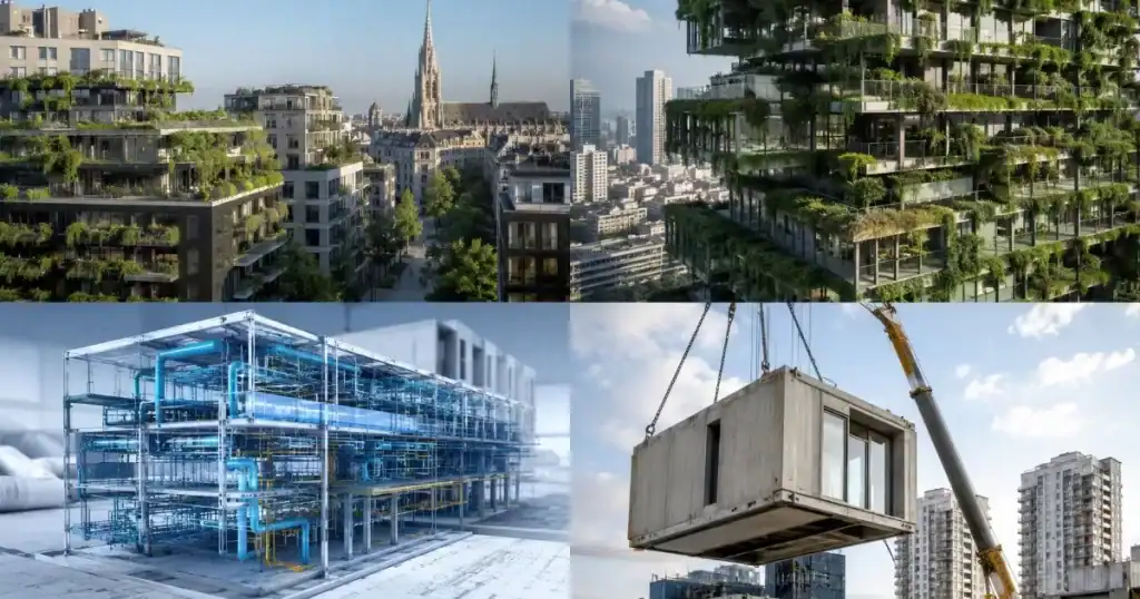 Tendencias en arquitectura moderna con edificios sostenibles y construccion industrializada en ciudad europea