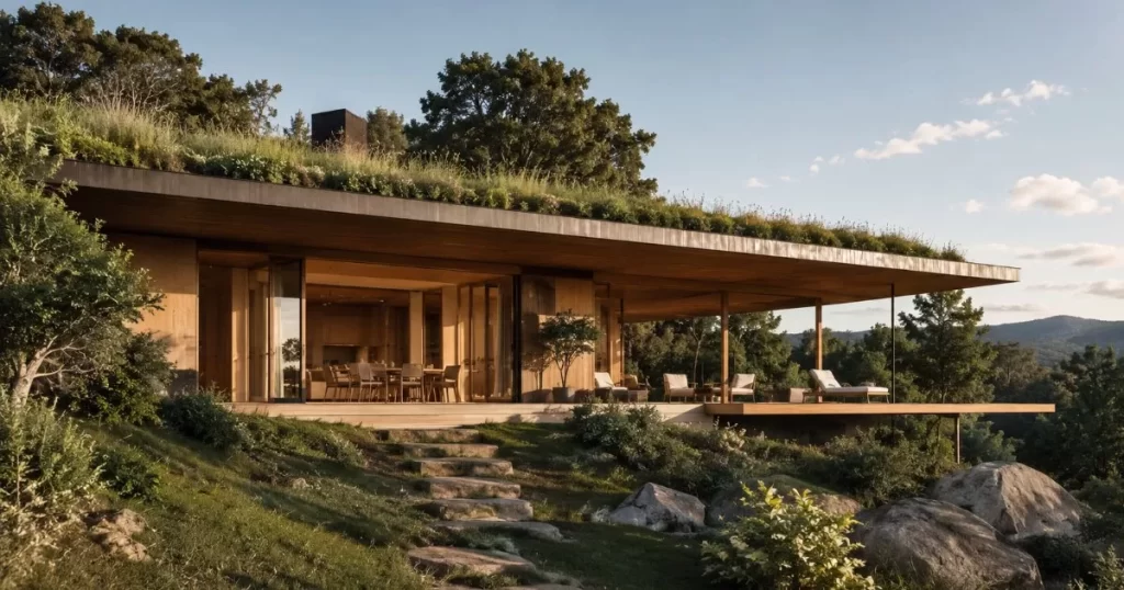 Vivienda sostenible con voladizos de madera y cubierta ajardinada diseno y construccion sostenible