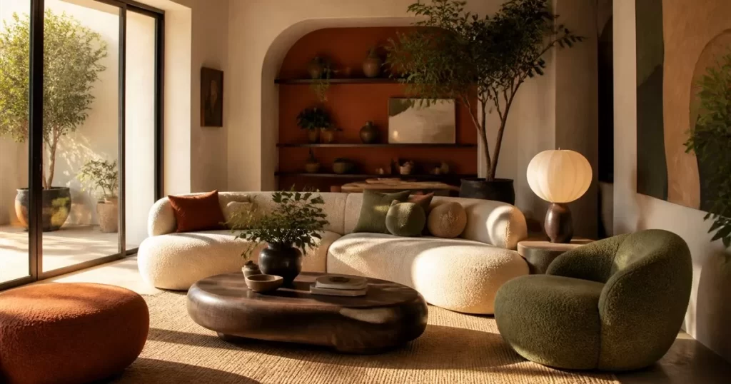 Salon de tendencia 2025 con tonos terracota y verde salvia y muebles organicos, tendencias en diseno de interiores 2025