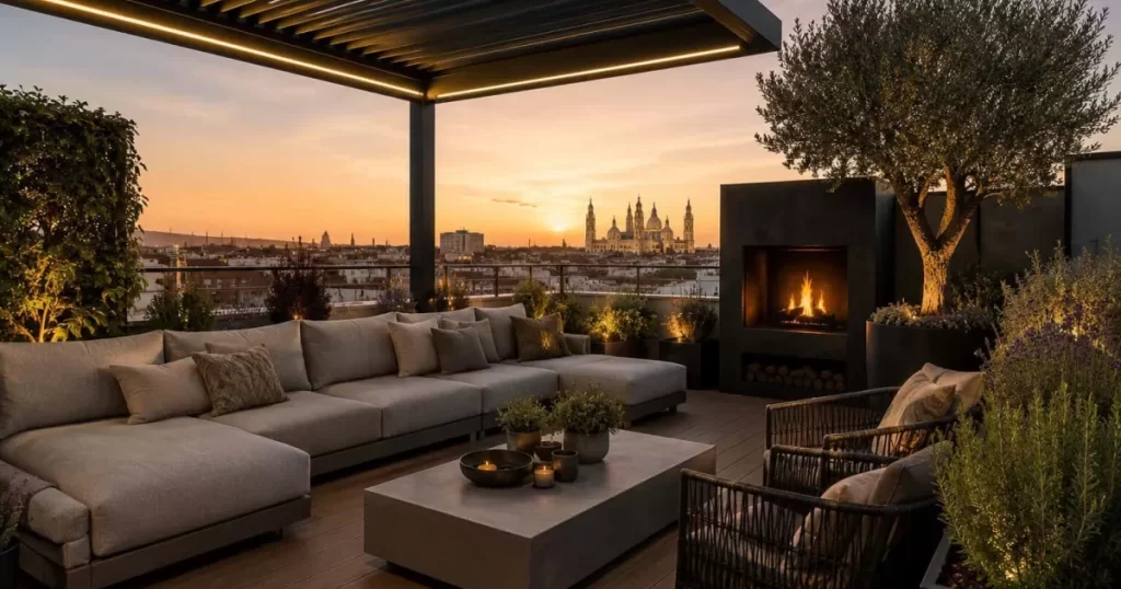 Terraza ático moderna chill-out con pérgola bioclimática, sofá modular, chimenea exterior y olivo bonsai con skyline de Zaragoza y cúpula del Pilar al atardecer