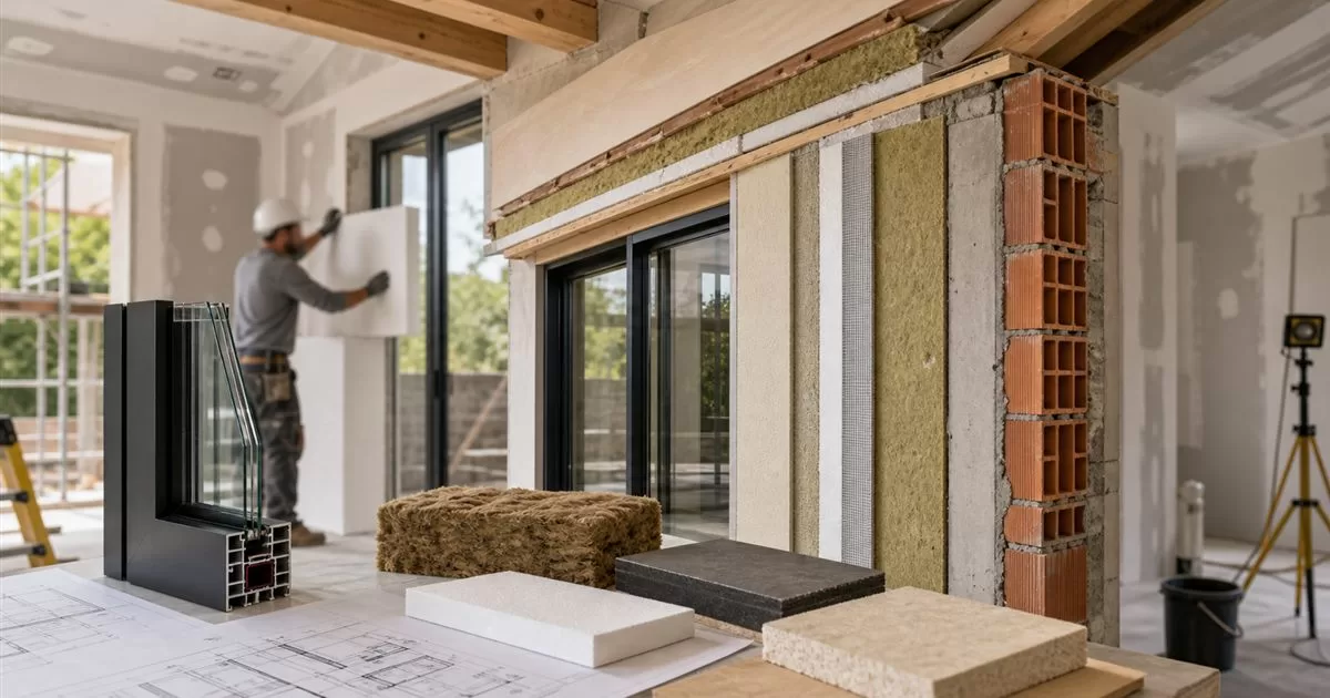 Corte de vivienda con capas de aislamiento termico ventanas eficientes y materiales de reforma