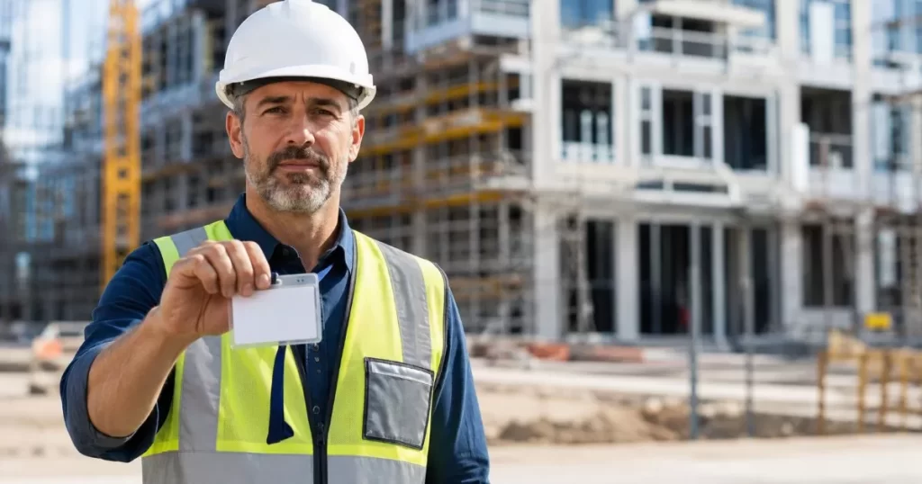 Trabajador de la construccion con casco sosteniendo su tarjeta profesional en obra