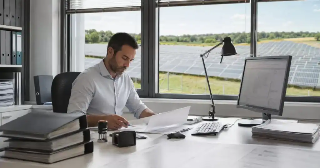 tecnico tramitando permisos administrativos para parque fotovoltaico en oficina profesional
