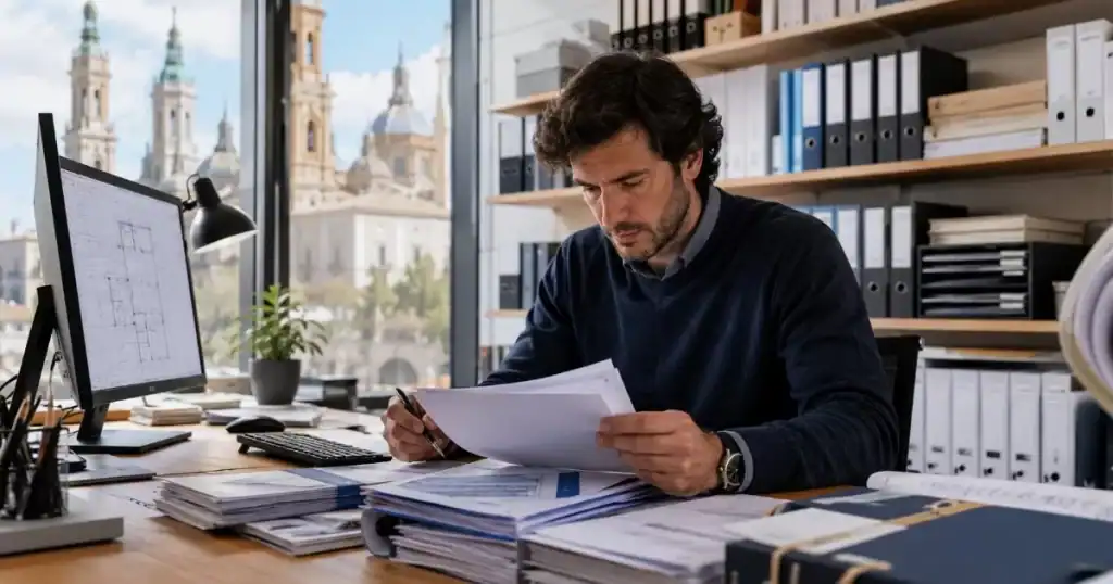 Arquitecto en Zaragoza gestionando tramites y documentacion de construccion con expedientes en despacho