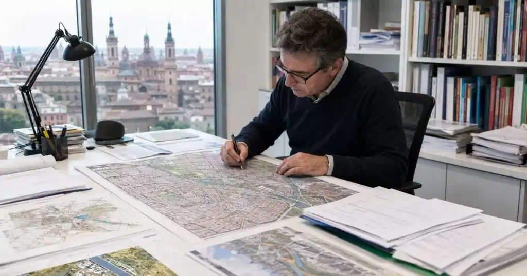 Arquitecto urbanista revisando plano de Zaragoza con documentacion de licencias y permisos urbanisticos