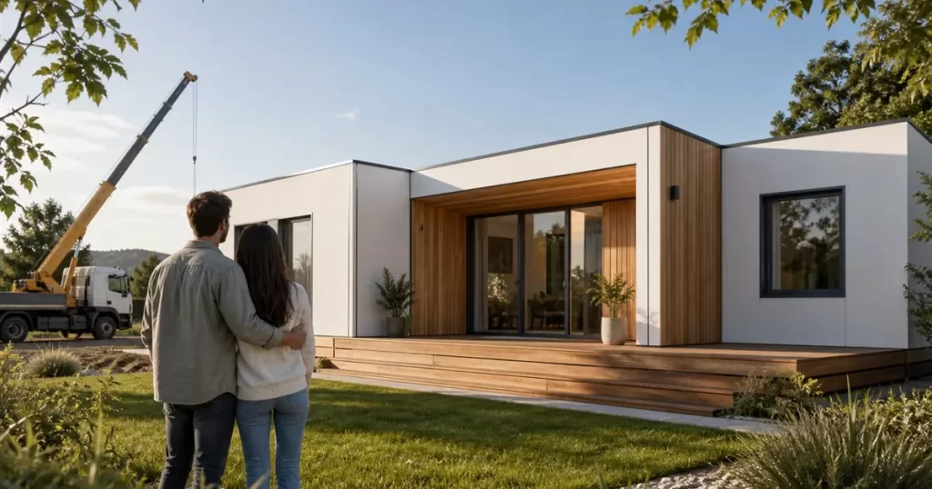Casa prefabricada moderna recien instalada con pareja contemplando su vivienda, ventajas de las casas prefabricadas modernas