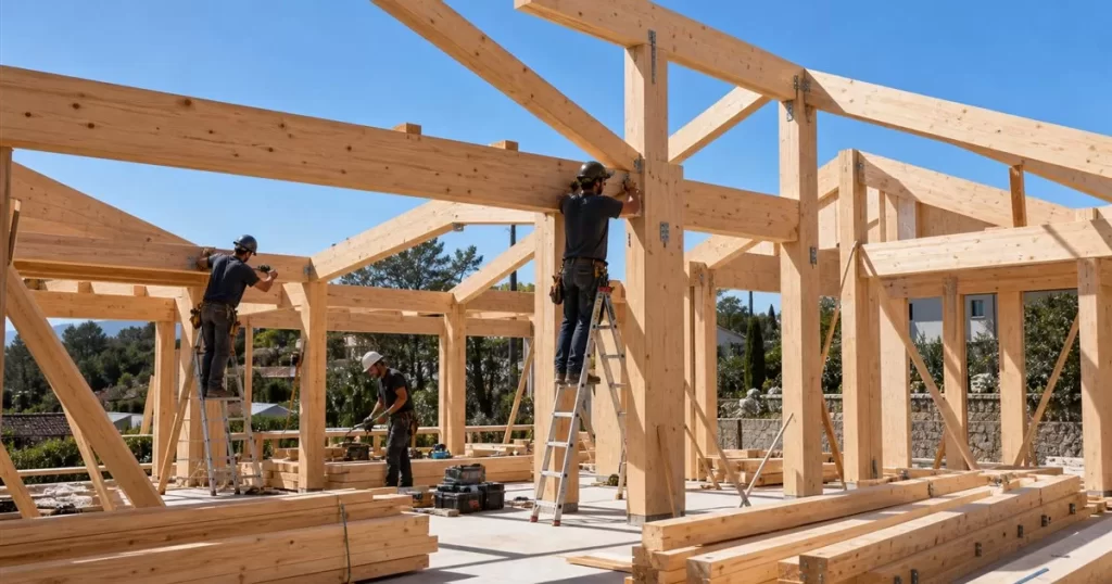 Carpinteros montando porticos de madera laminada en vivienda, ventajas de disenar viviendas con estructuras de madera