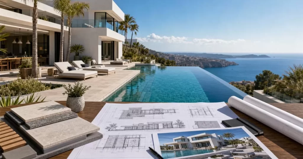 Villa de lujo mediterranea con piscina infinity vistas al mar planos y materiales premium