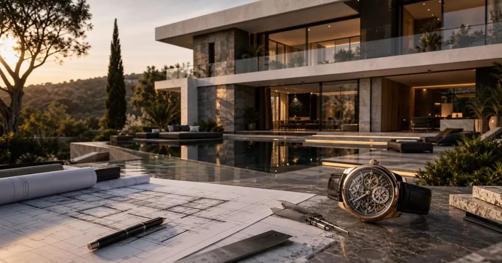 Vivienda contemporanea de lujo con piscina planos de arquitectura y reloj mecanico exclusivo sin marca