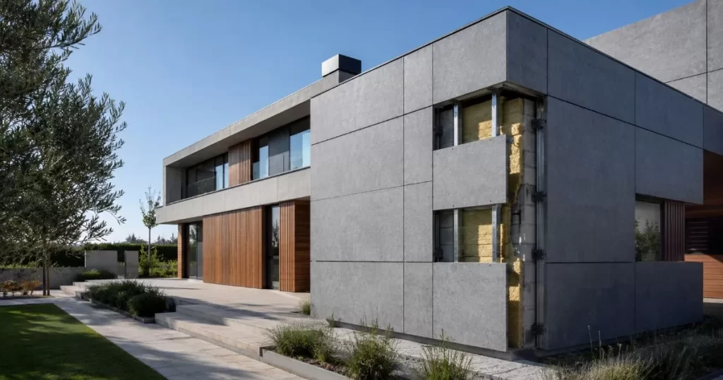 Vivienda unifamiliar moderna con fachada ventilada de paneles y camara de aire