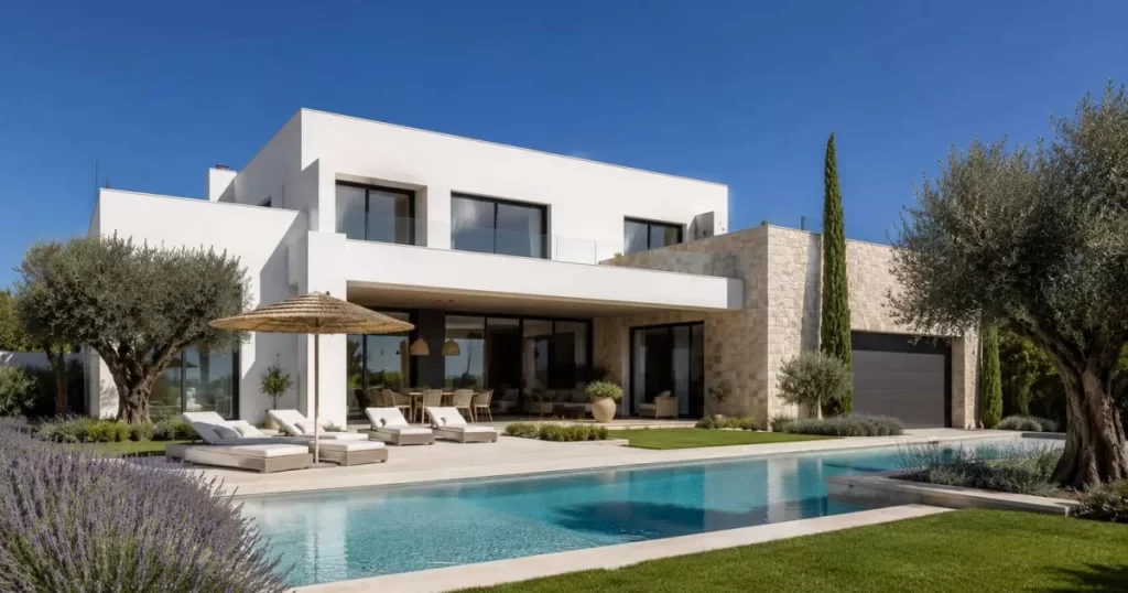 Vivienda unifamiliar aislada moderna mediterránea con fachada blanca cal, piscina rectangular, tumbonas, olivos centenarios y cielo azul intenso