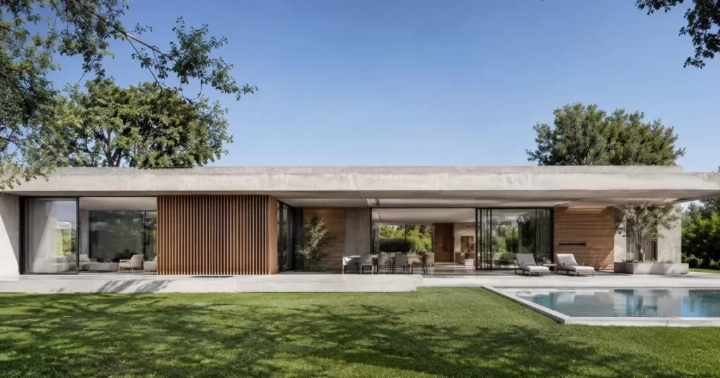 Vivienda unifamiliar moderna de una sola planta con jardin y grandes ventanales
