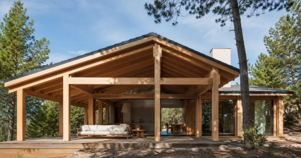 Vivienda moderna con estructura de madera vista en entorno natural