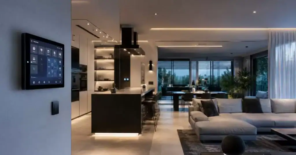 interior de vivienda inteligente con domotica pantallas tactiles iluminacion LED y cocina conectada
