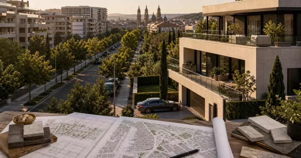 Zona residencial elegante de Zaragoza con viviendas premium avenidas arboladas planos urbanos y materiales de lujo