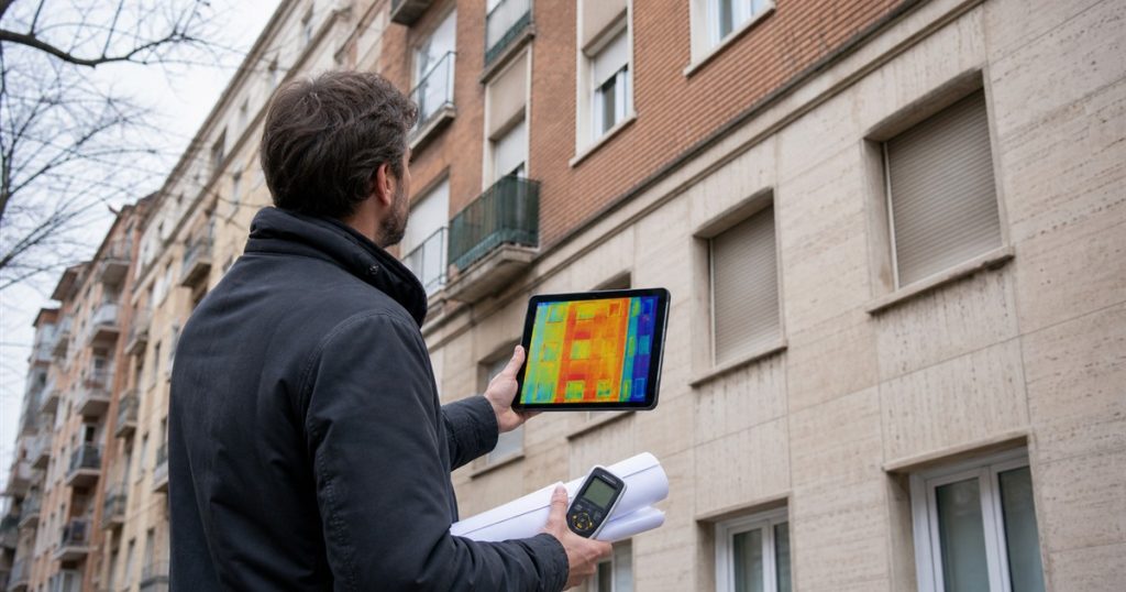 Arquitecto inspeccionando con termografía el aislamiento de un edificio residencial