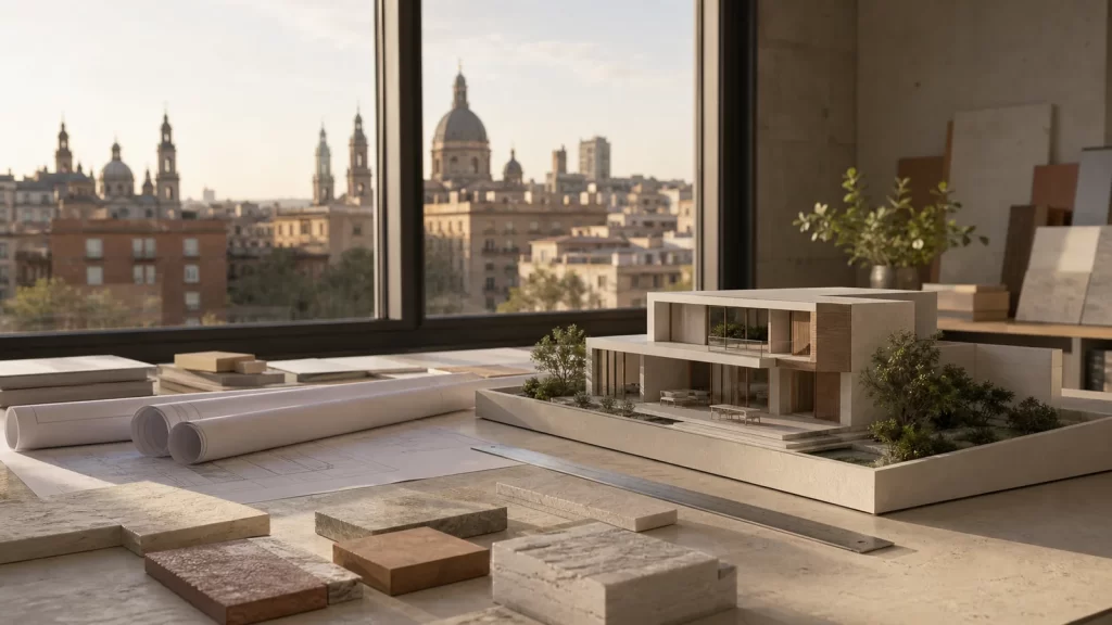 Estudio de arquitectura en Zaragoza con maqueta de vivienda unifamiliar y planos de proyecto