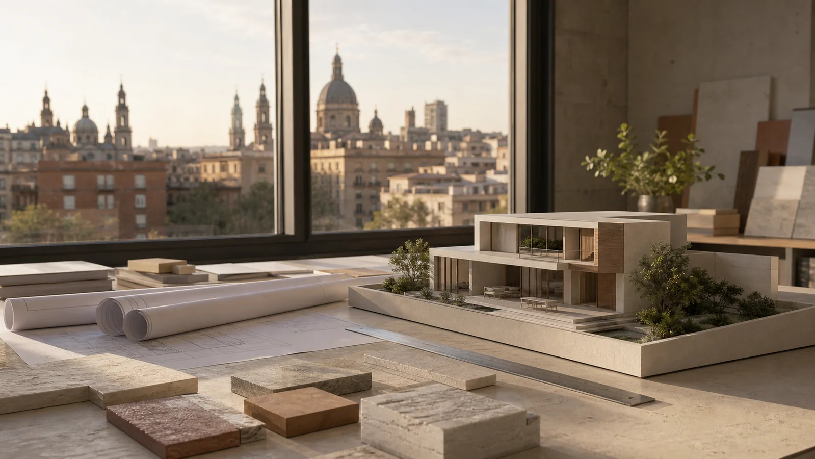 Estudio de arquitectura en Zaragoza con maqueta de vivienda unifamiliar y planos de proyecto