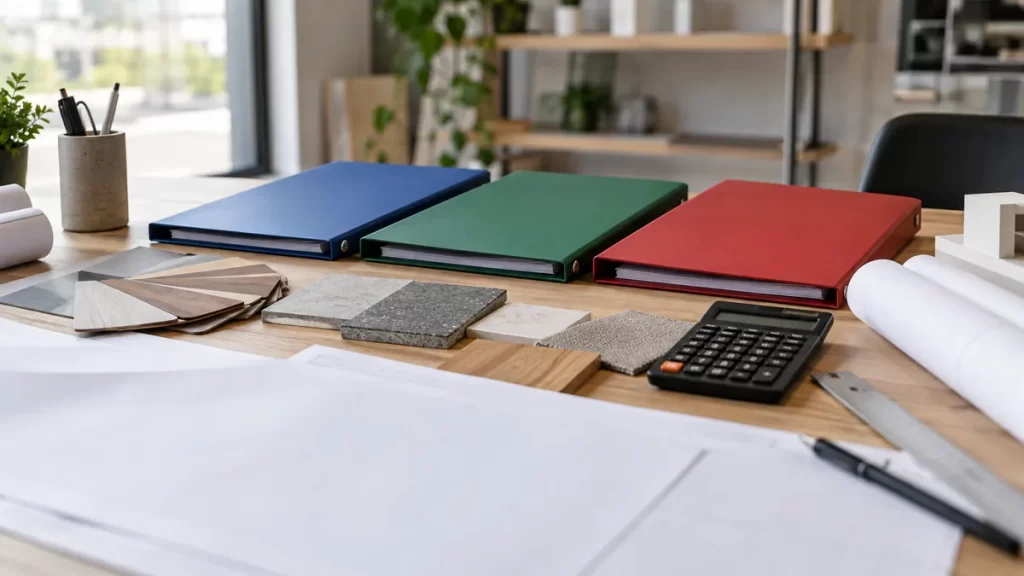 Planos, calculadora y tres carpetas de ofertas de constructoras sobre una mesa de arquitectura