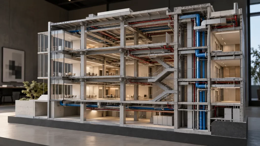 Maqueta seccionada de vivienda con estructura y conductos coordinados de forma visible