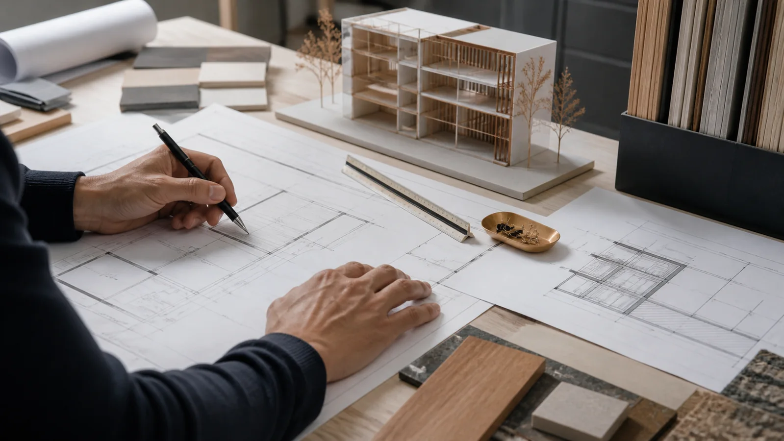 Arquitecto preparando un proyecto técnico, planos y honorarios para una licencia de obra