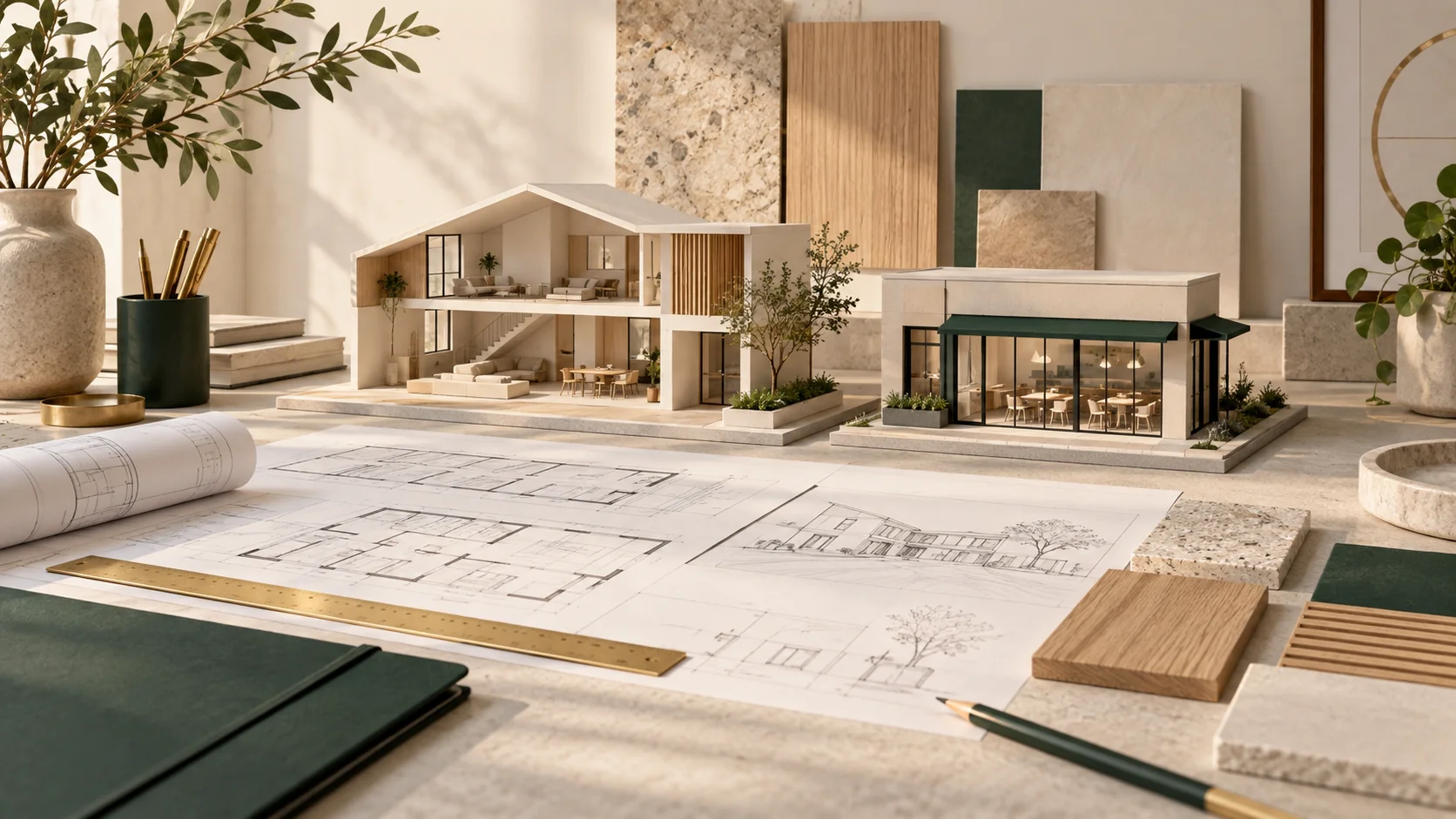 Maqueta conceptual de una vivienda y un local junto a planos y muestras de materiales